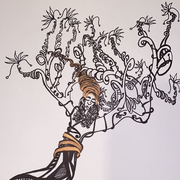 Unframed Original Art Tree Lady Drawing Illustration w Metallic Highlights - Picture 4 of 6